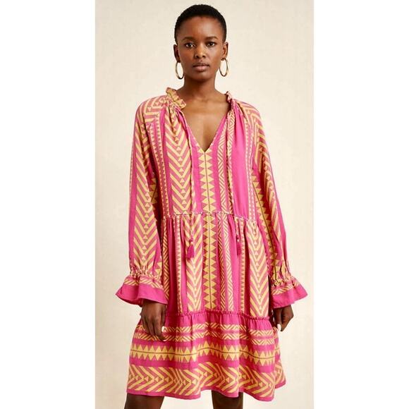 Anthropologie Maeve Dress Pink Yellow Geo Boho Print Tassel Tunic Mini Dress XS‎ - Picture 5 of 9